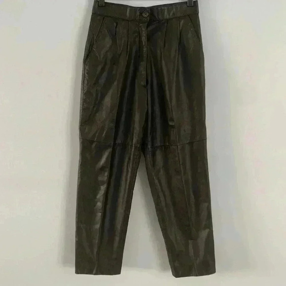 VTG 80s Black Leather Pleat Front High WaistTrouser Pants Sz 12 US 28 Bikercore